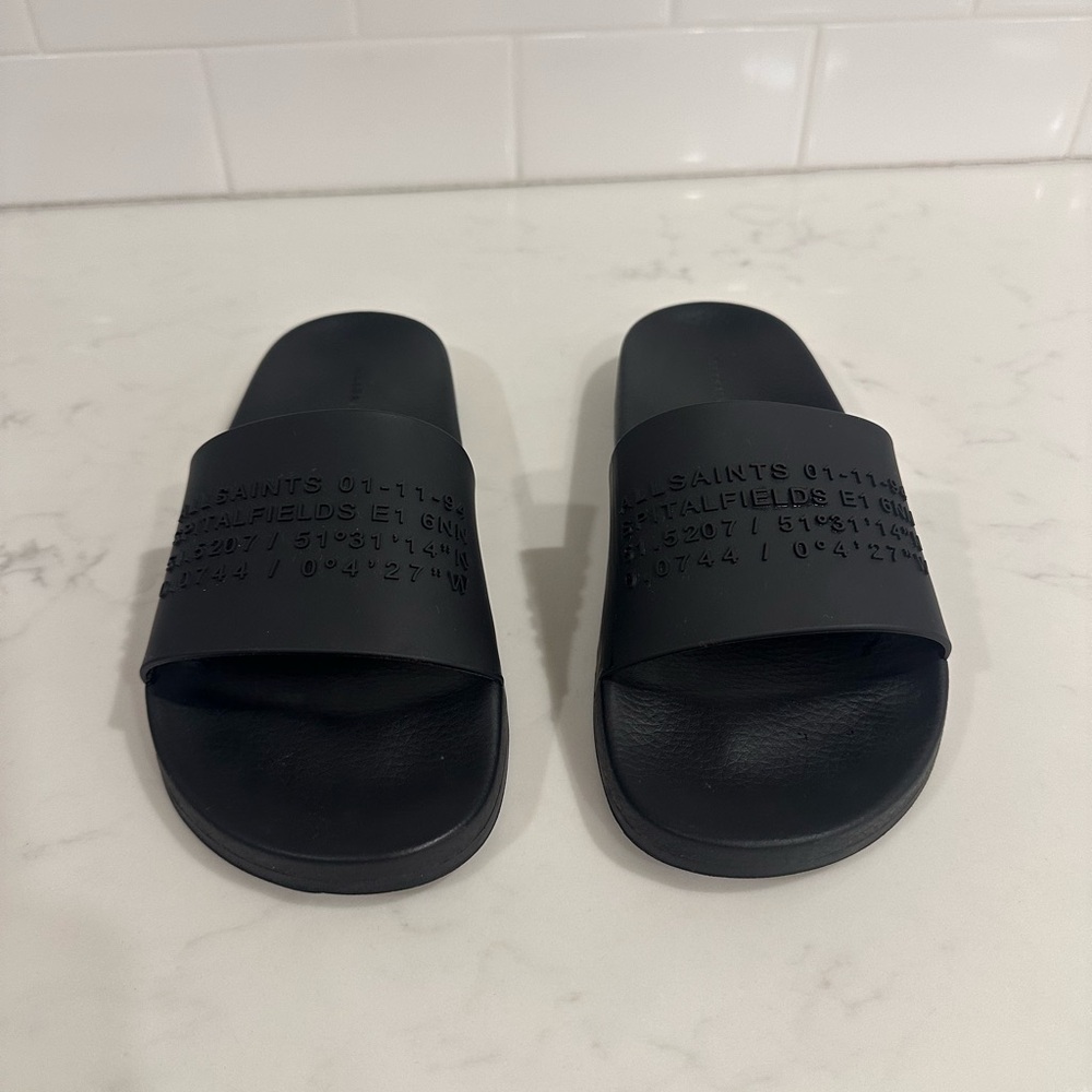 All Saints Black Logo Renegade Slide Sandals